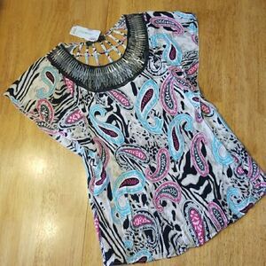𝅺New Watercolor Paisley Tribal Ladies Blouse By OVBOILI  NWT Beaded Neckline